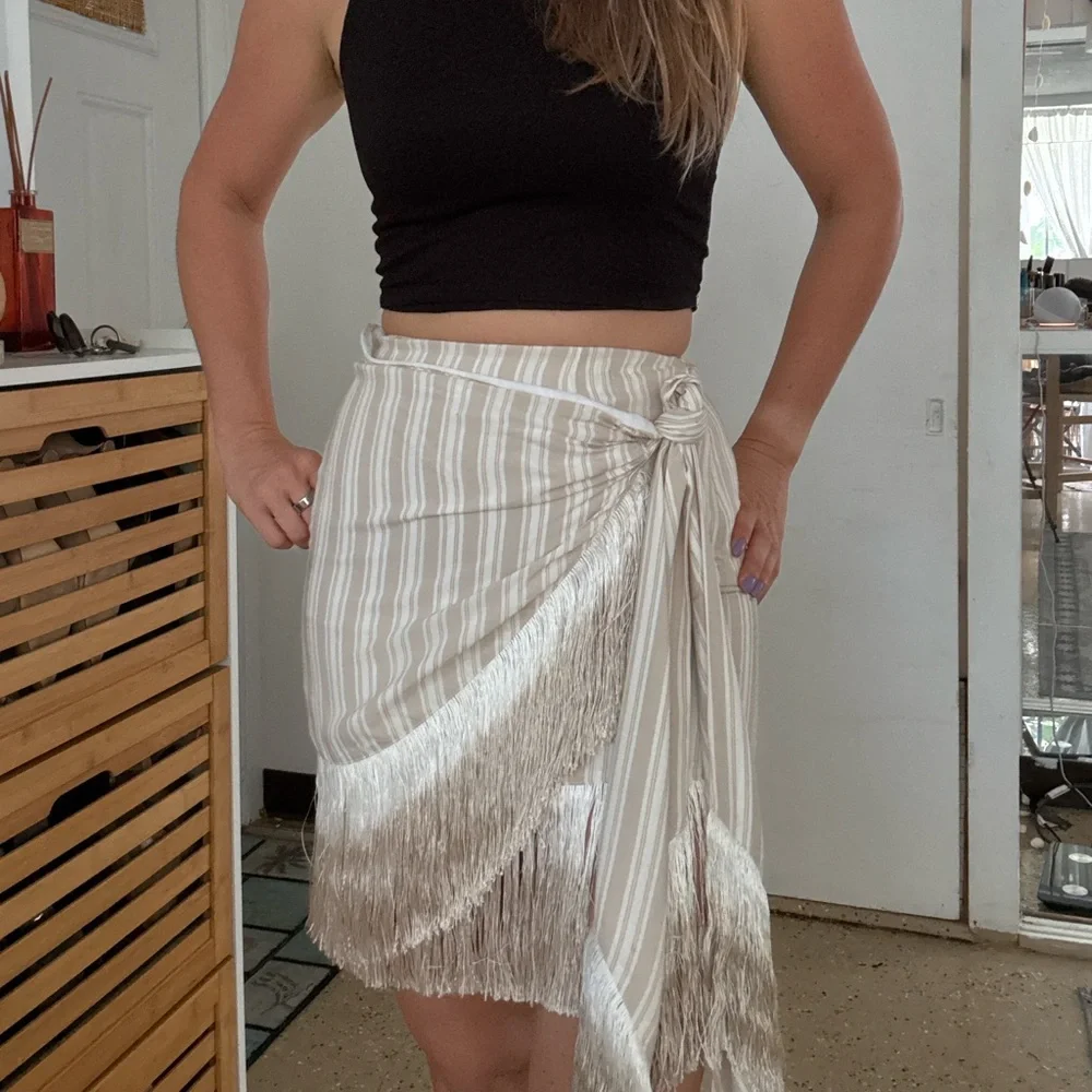 L'Academie Beige Asymmetrical Fringe Skirt - Picture 2 of 10
